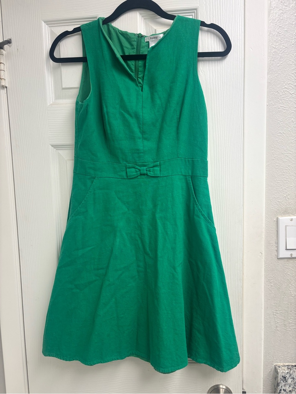 Esley Sleeveless Emerald Fit-and-Flare Dress with Waist Bow